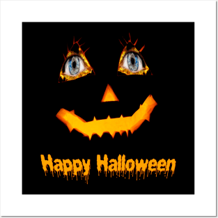 Scary carved Jack O Lantern pumpkin face for Halloween with fiery blue eyes. Posters and Art